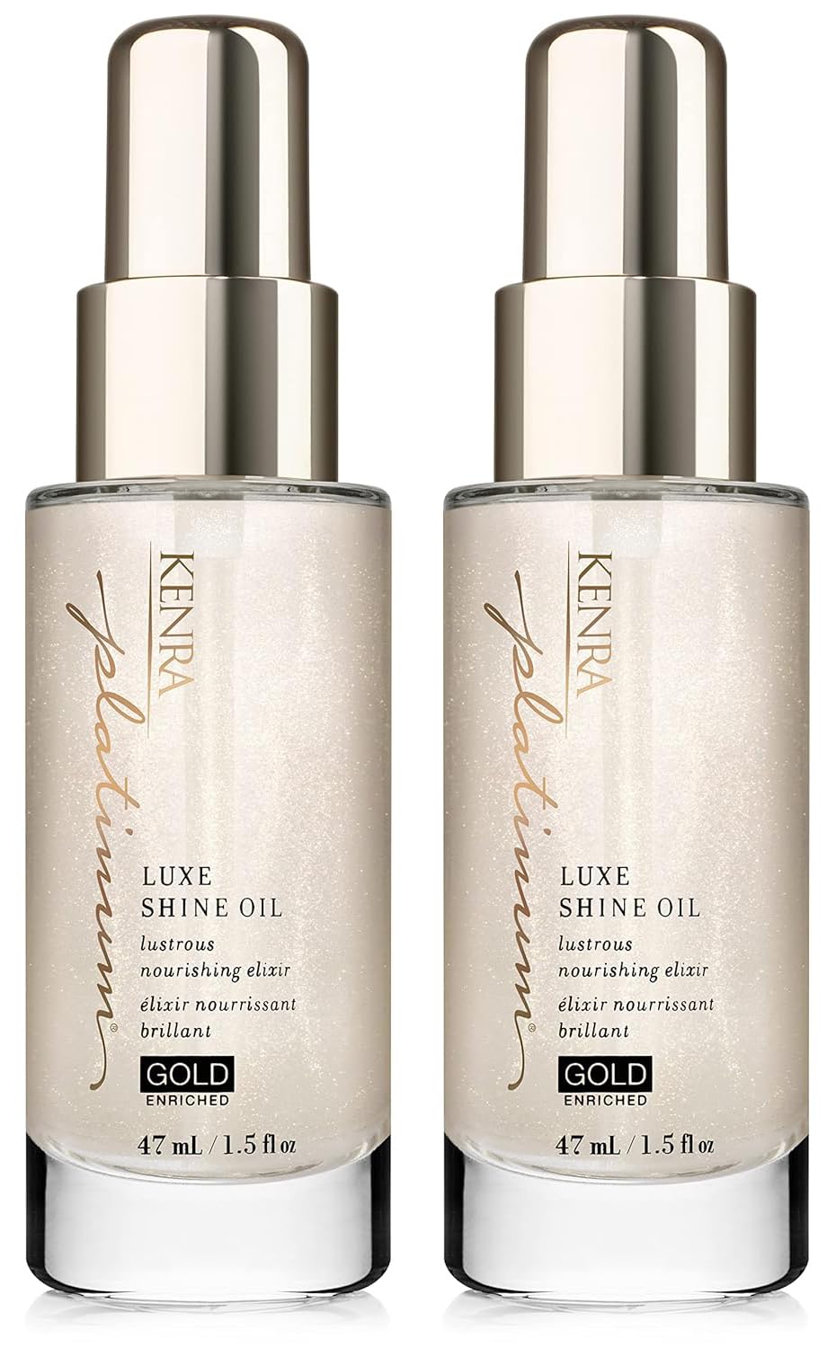 Kenra Platinum Luxe Shine Oil bottle glowing with gold-enriched shine