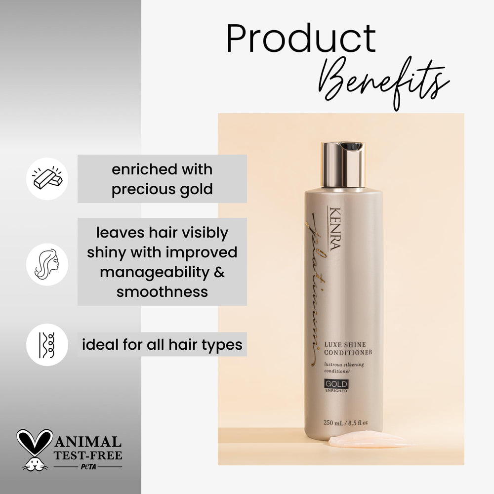 Kenra Platinum Luxe Shine packaging closeup highlights premium gold ingredient for luxe feel.