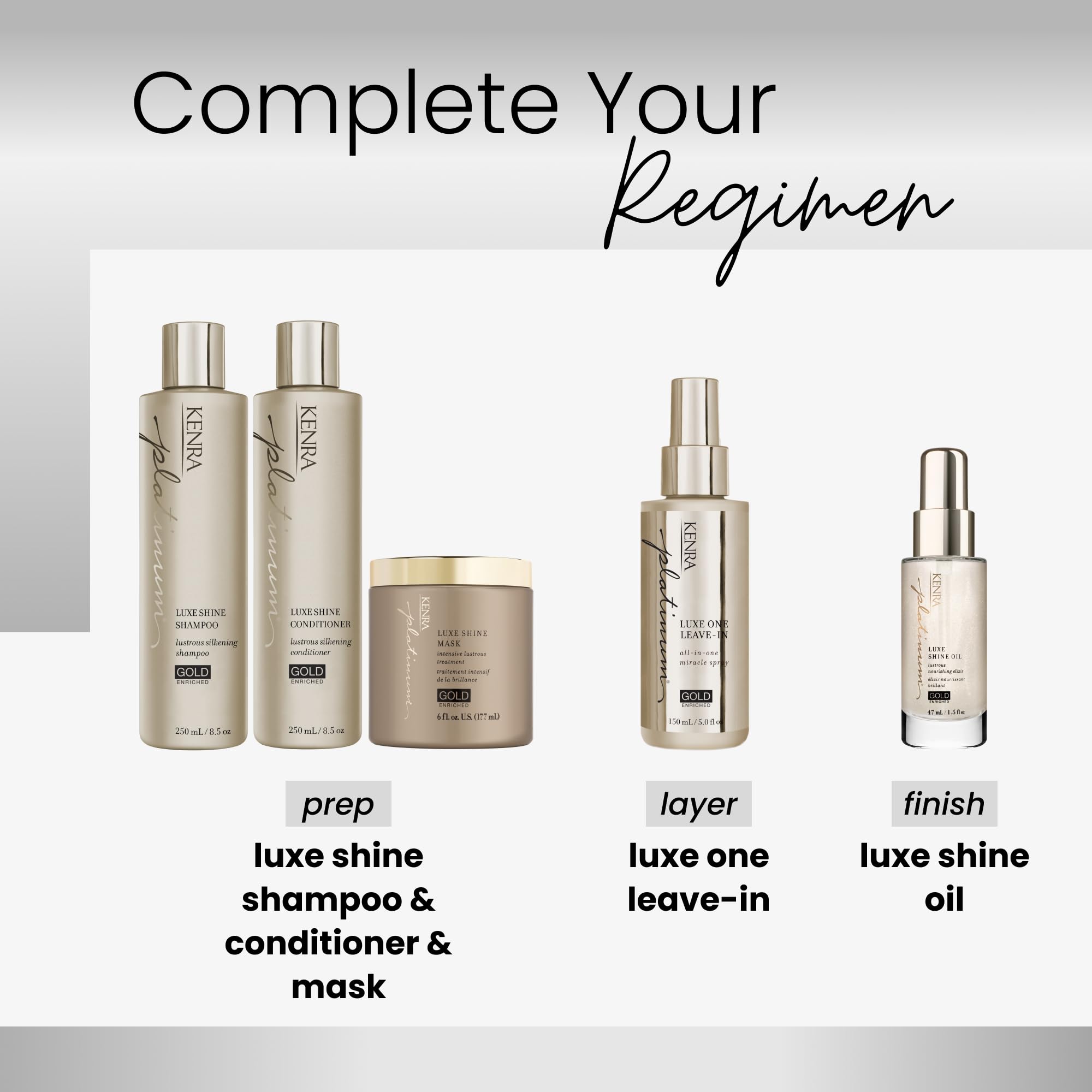 Kenra Platinum Luxe Shine shampoo lather pour view illustrates cleansing ritual.