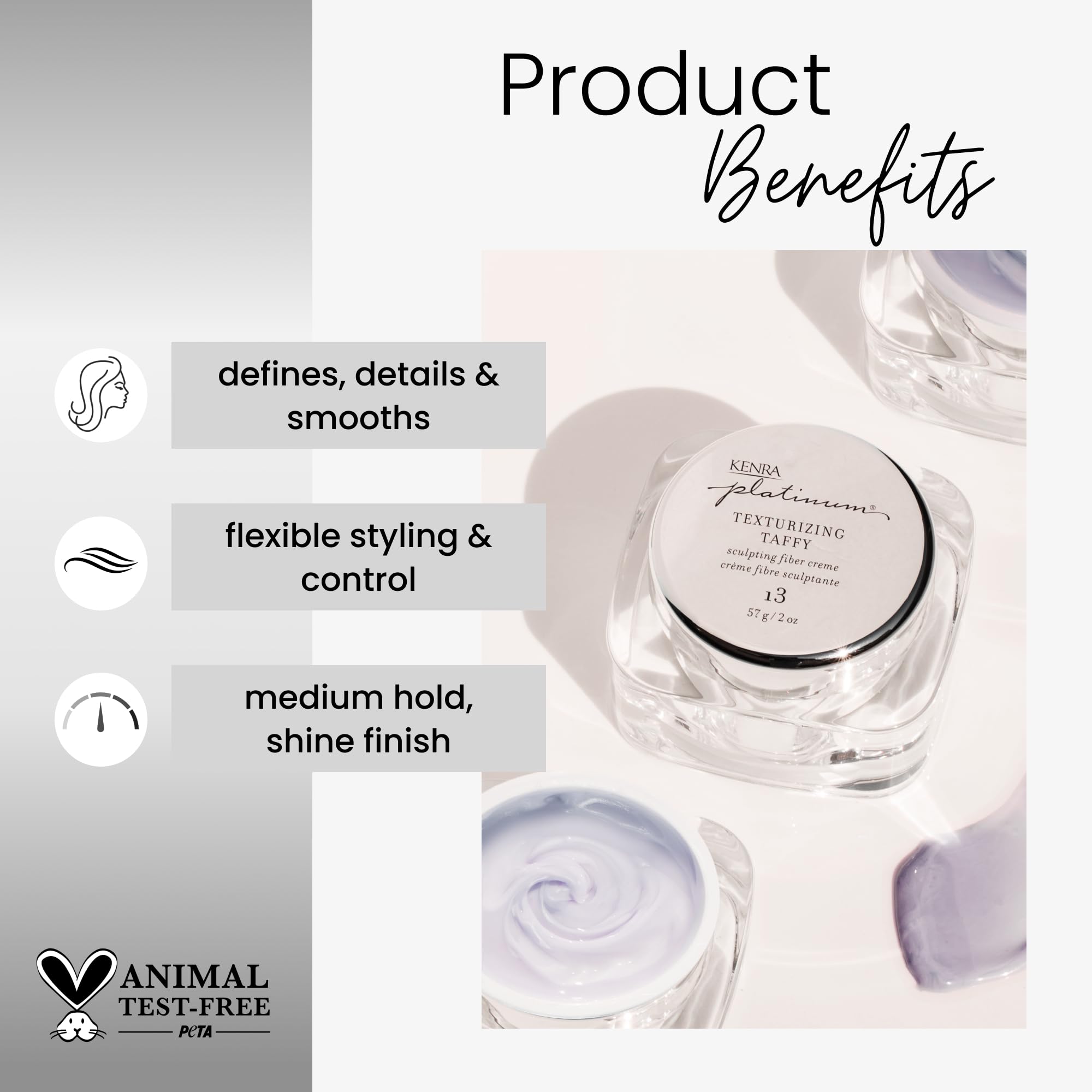 Kenra Platinum Texturizing Taffy 13 jar close-up highlights texture and separation potential.