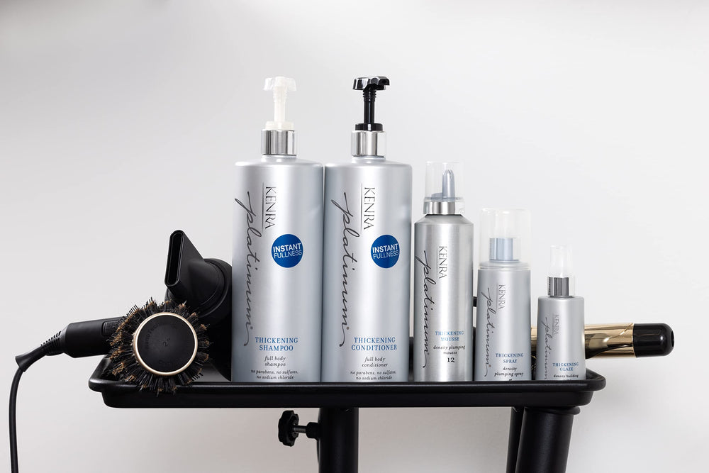 Kenra Platinum Thickening Conditioner closeup demonstrating detangling and body support