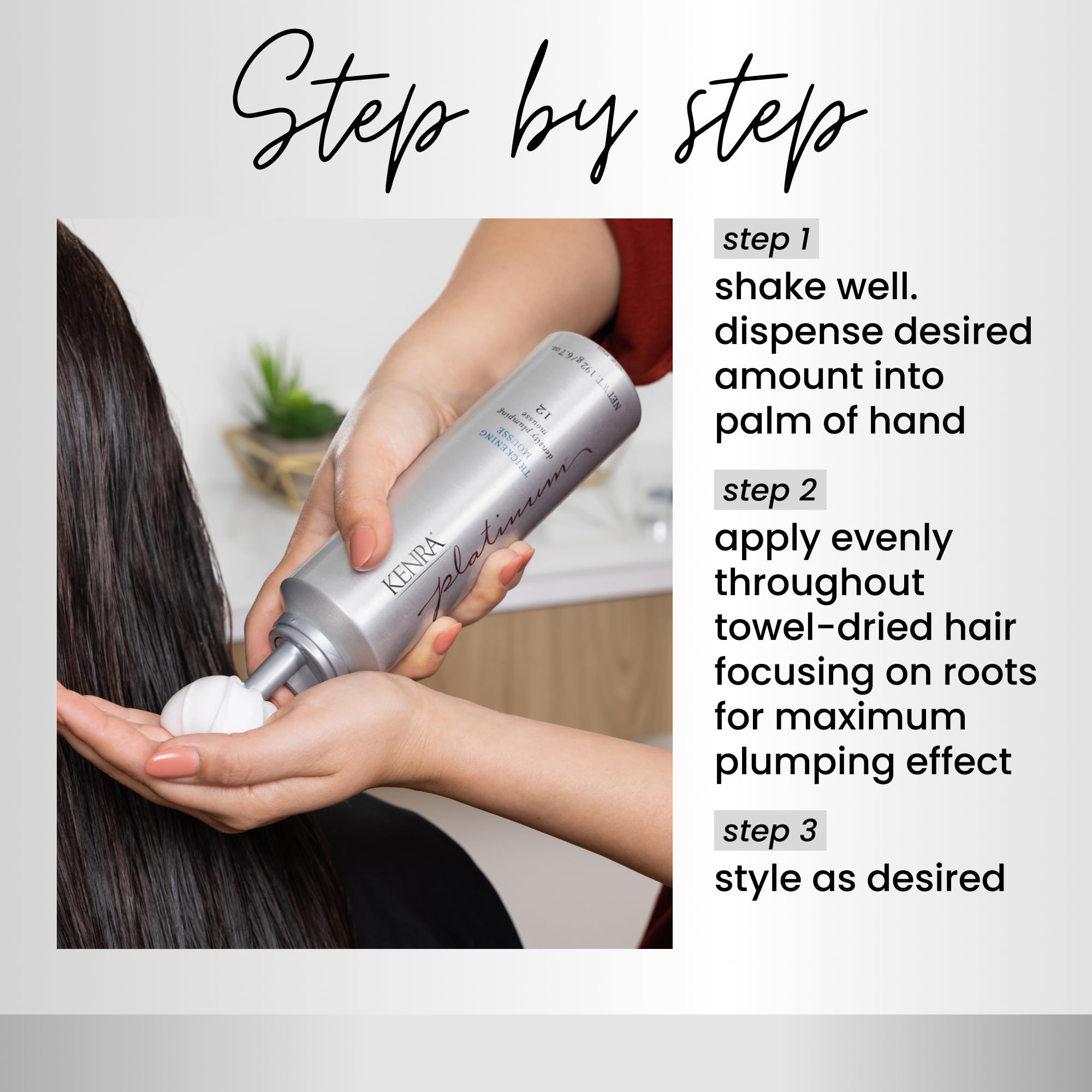 Hands applying Kenra mousse to damp hair for added body