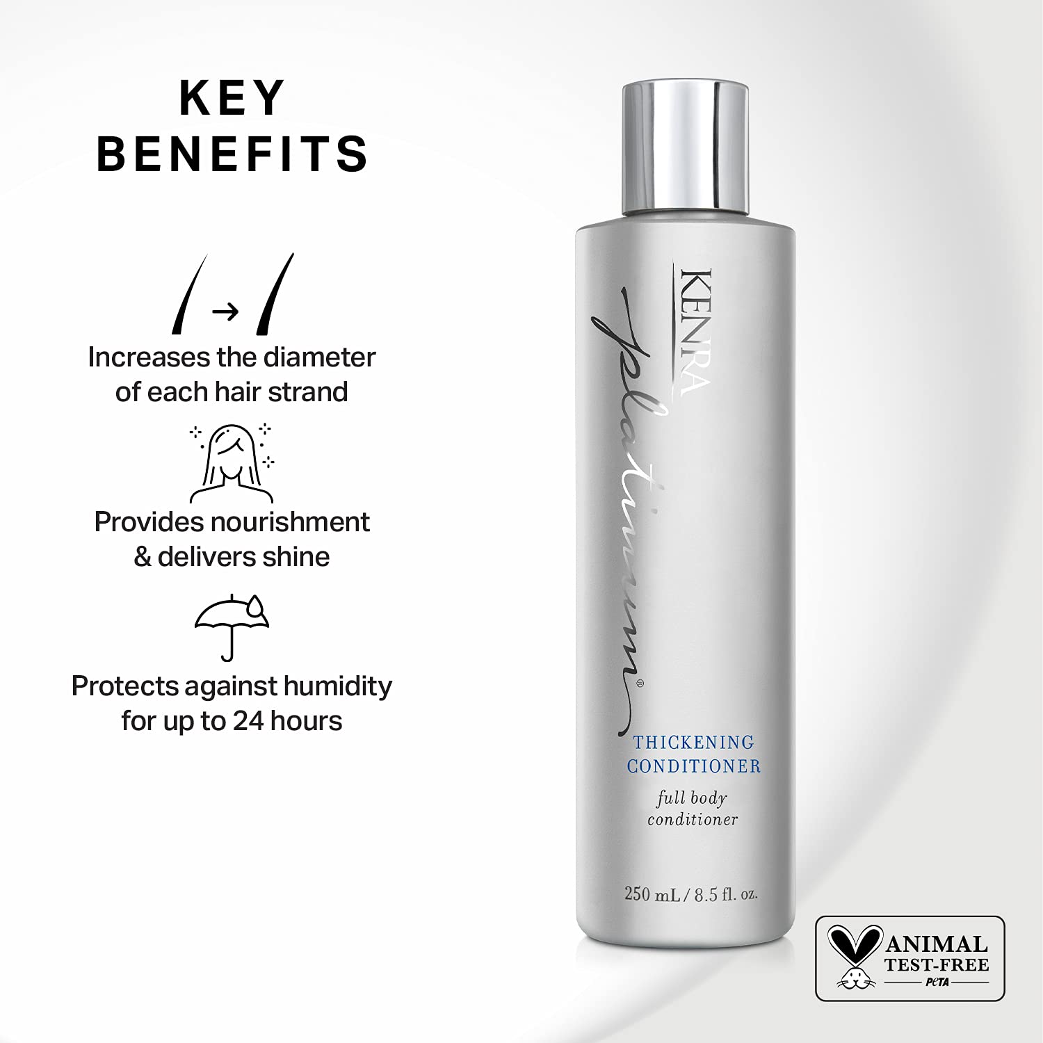 Kenra Platinum Thickening Shampoo closeup with foamy lather cleanses without weighing strands