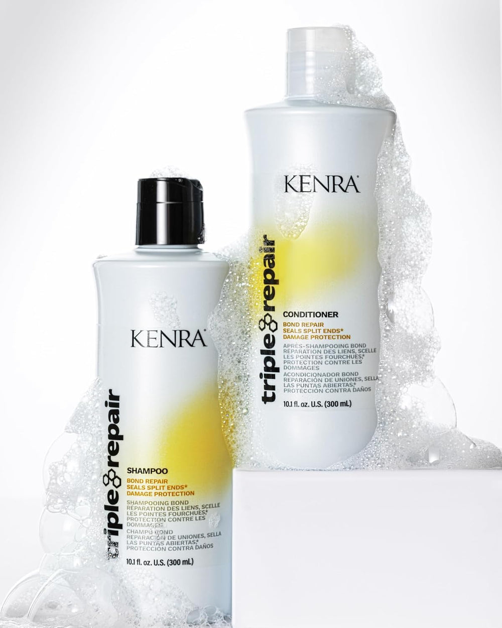 Before image of damaged hair with Kenra Triple Repair treatment applied (before).