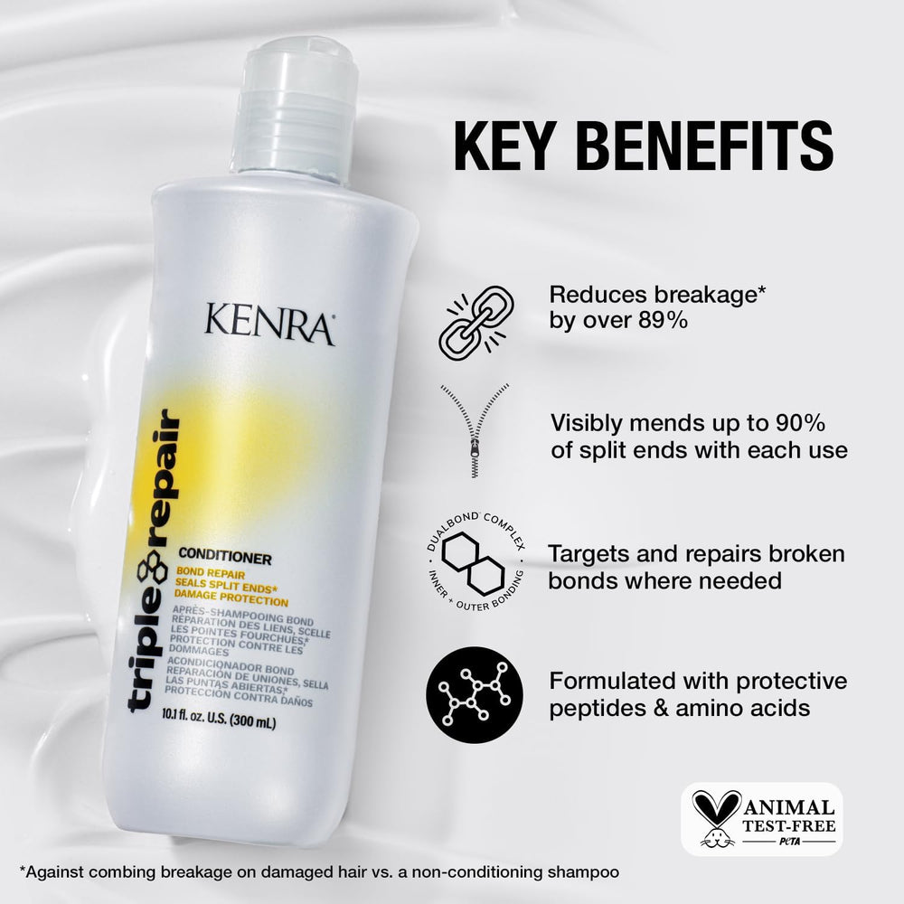 Kenra Triple Repair graphic with peptides and amino acids icons.
