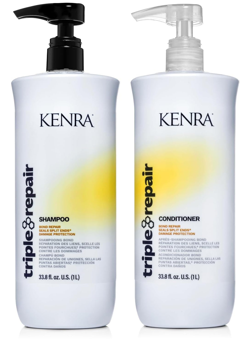 Kenra Triple Repair shampoo bottle highlights bond repair for damaged hair.