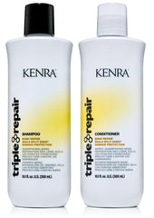 Kenra Triple Repair shampoo bottle showing bond repair action for damaged hair.