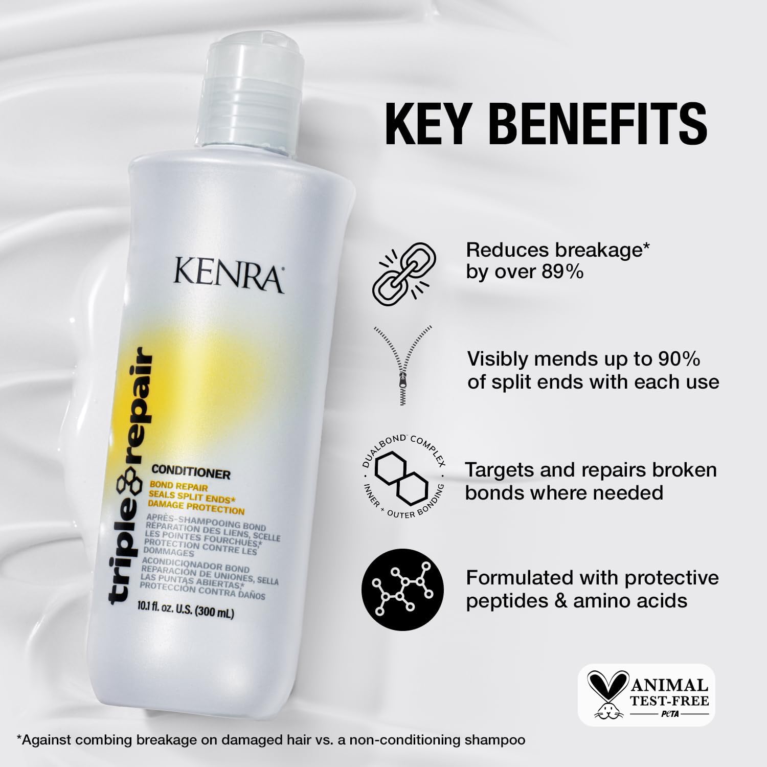 Kenra Triple Repair sulfate-free label close-up indicating mild cleansing.
