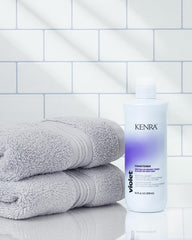 Kenra Violet Conditioner bottle on sink signals moisture and vibrancy for processed hair