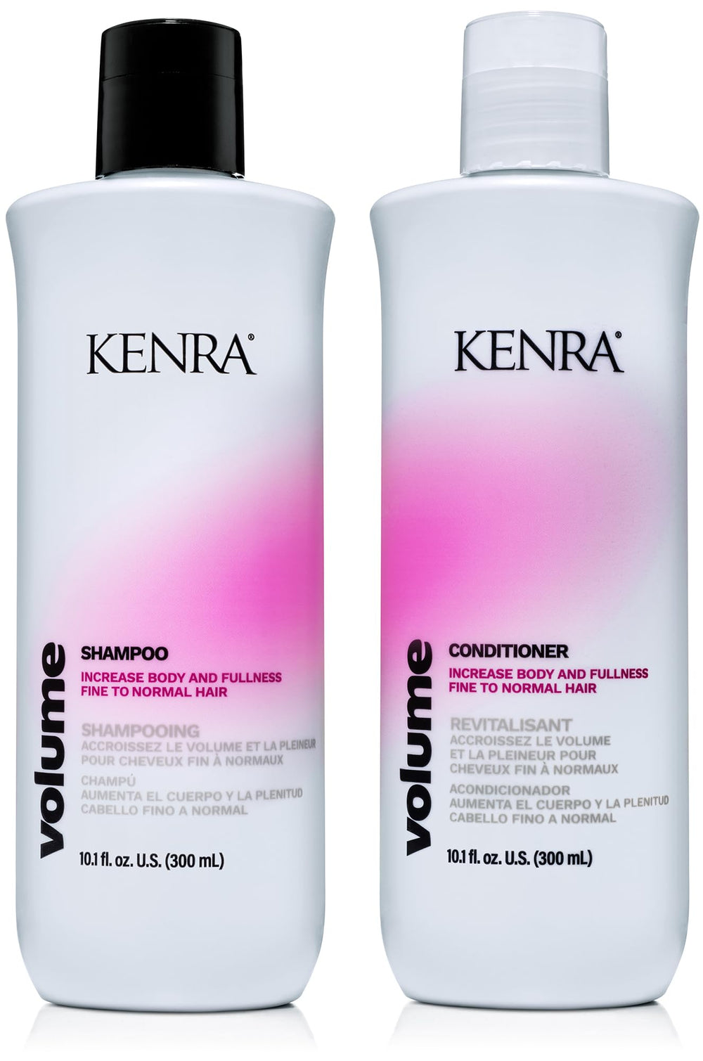 Kenra Volume Shampoo bottle on sink, highlighting root lift and body