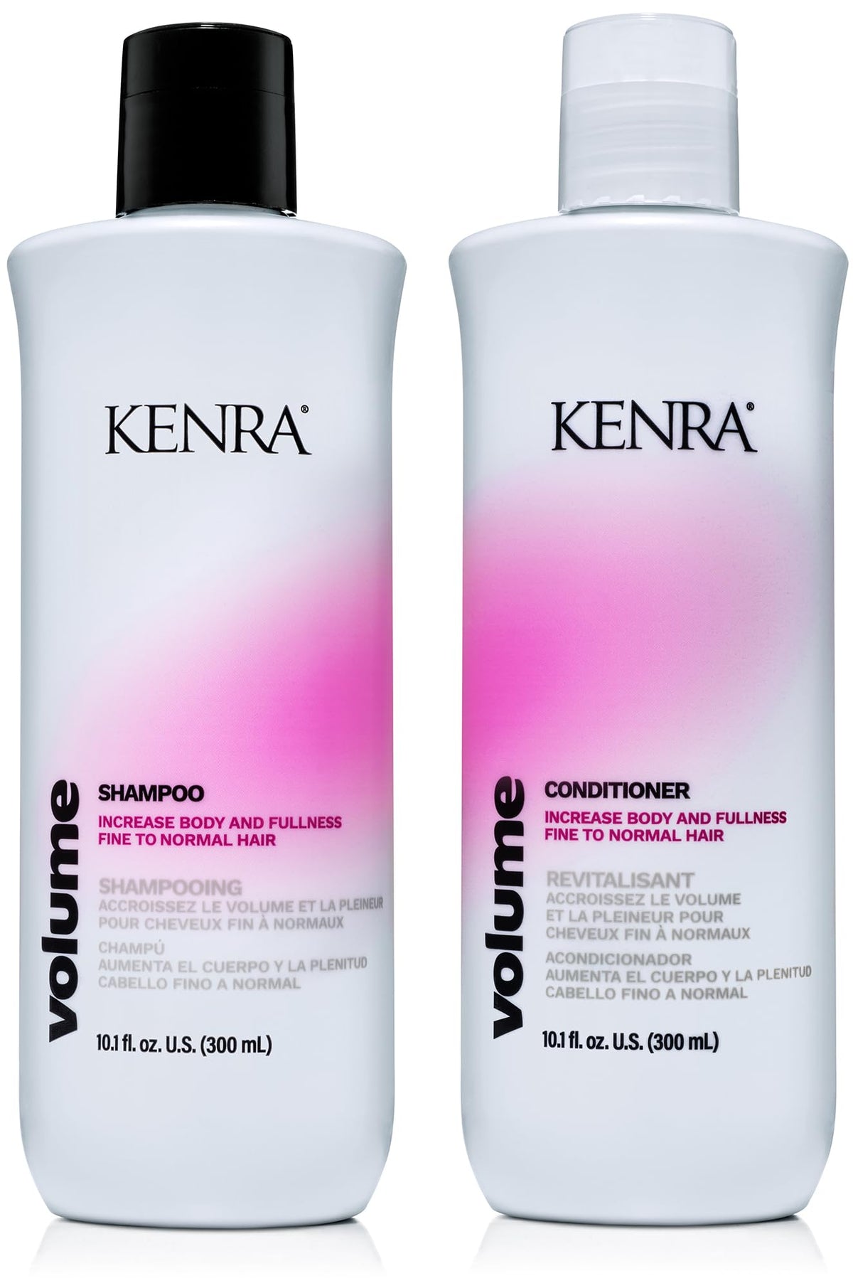 Kenra Volume Shampoo bottle on sink, highlighting root lift and body