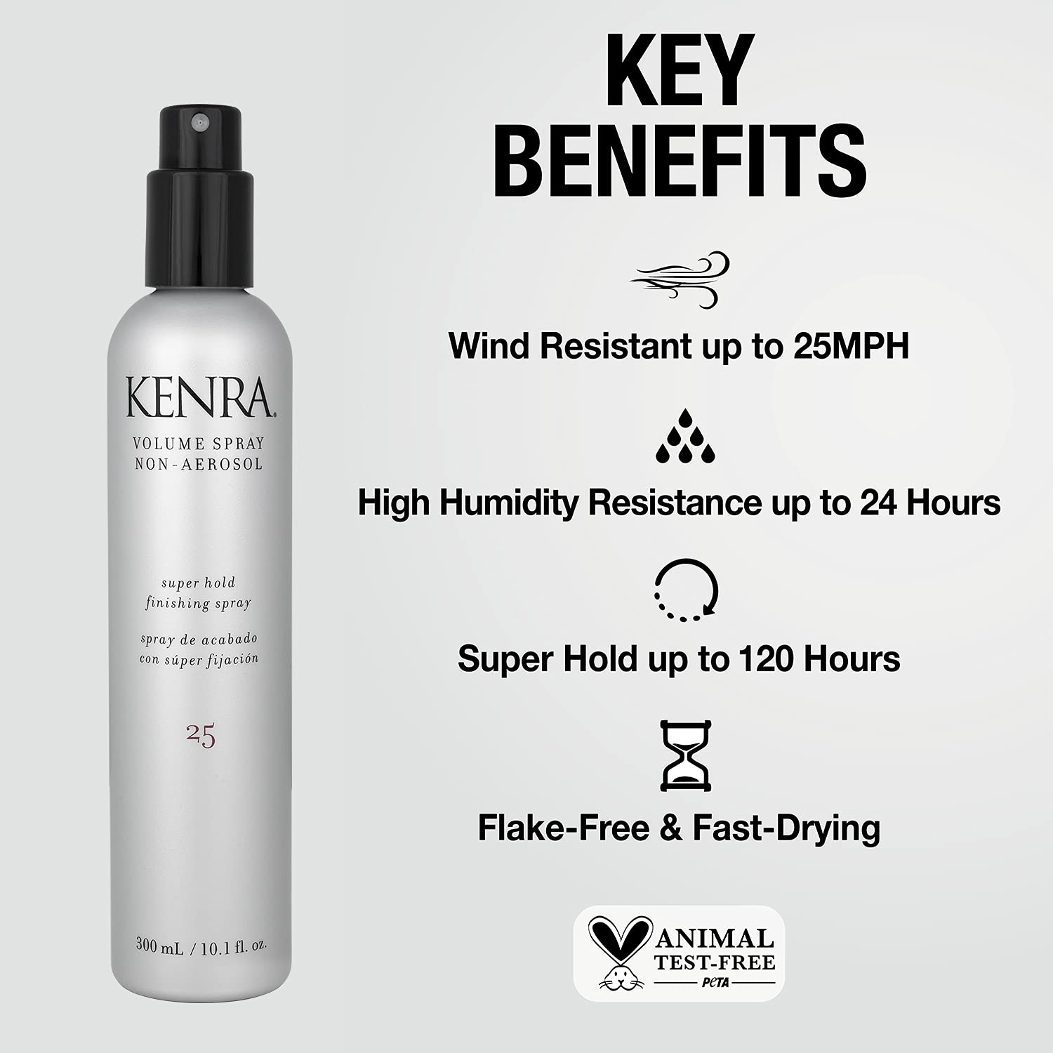 Kenra Volume Spray 25 bottle angled view, emphasizing humidity resistance and fast-drying finish.