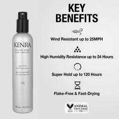 Kenra Volume Spray 25 bottle angled view, emphasizing humidity resistance and fast-drying finish.