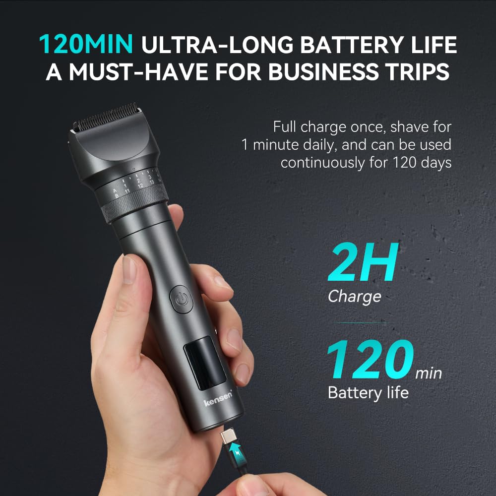 Kensen battery pack back view emphasizes long runtime up to 120 minutes.