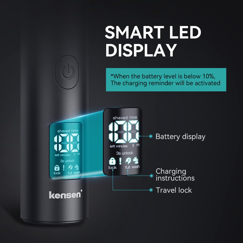 Kensen LED display closeup shows battery life and status at a glance.