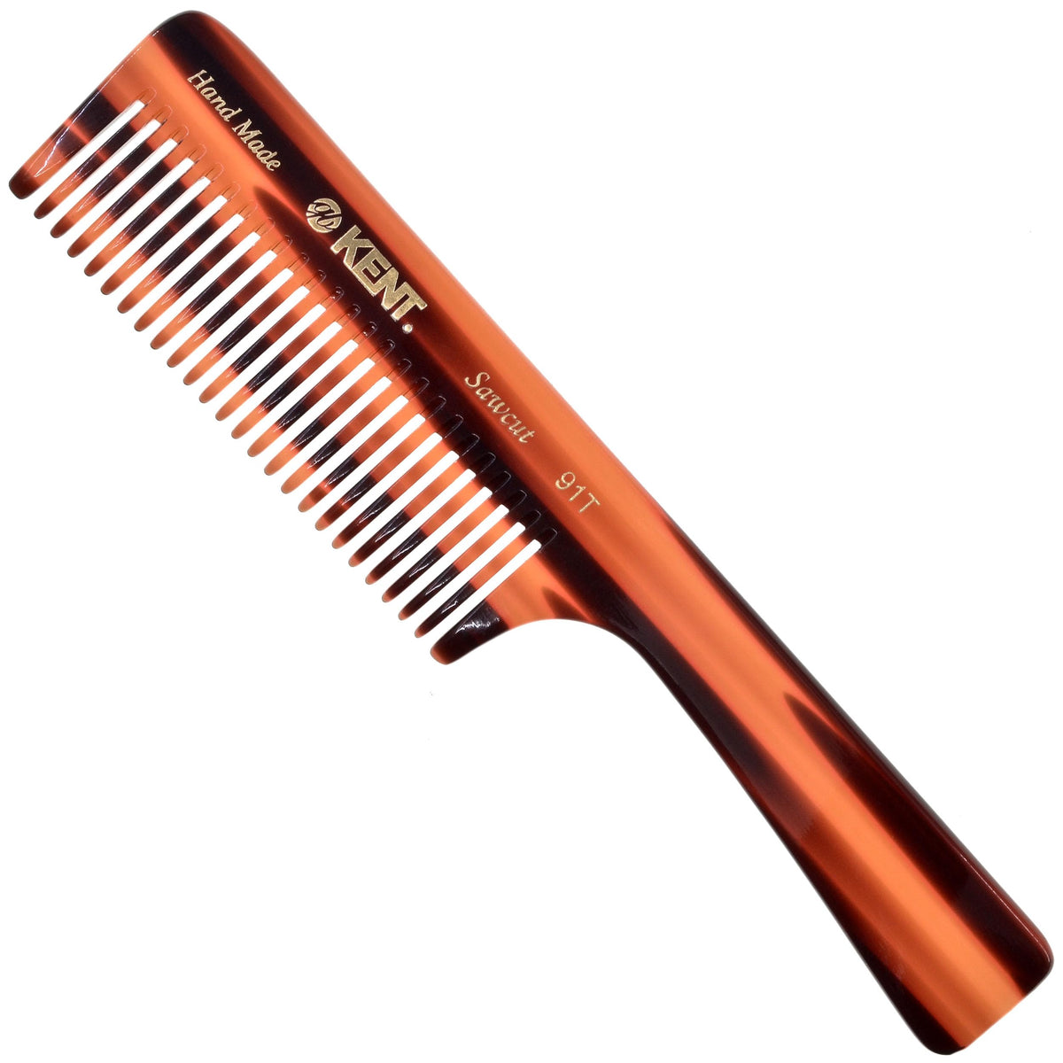 Kent 91T wide tooth detangler closeup, teeth reduce snagging.