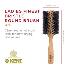 Kent LBR3 round brush with spiral boar bristles smooths detangling
