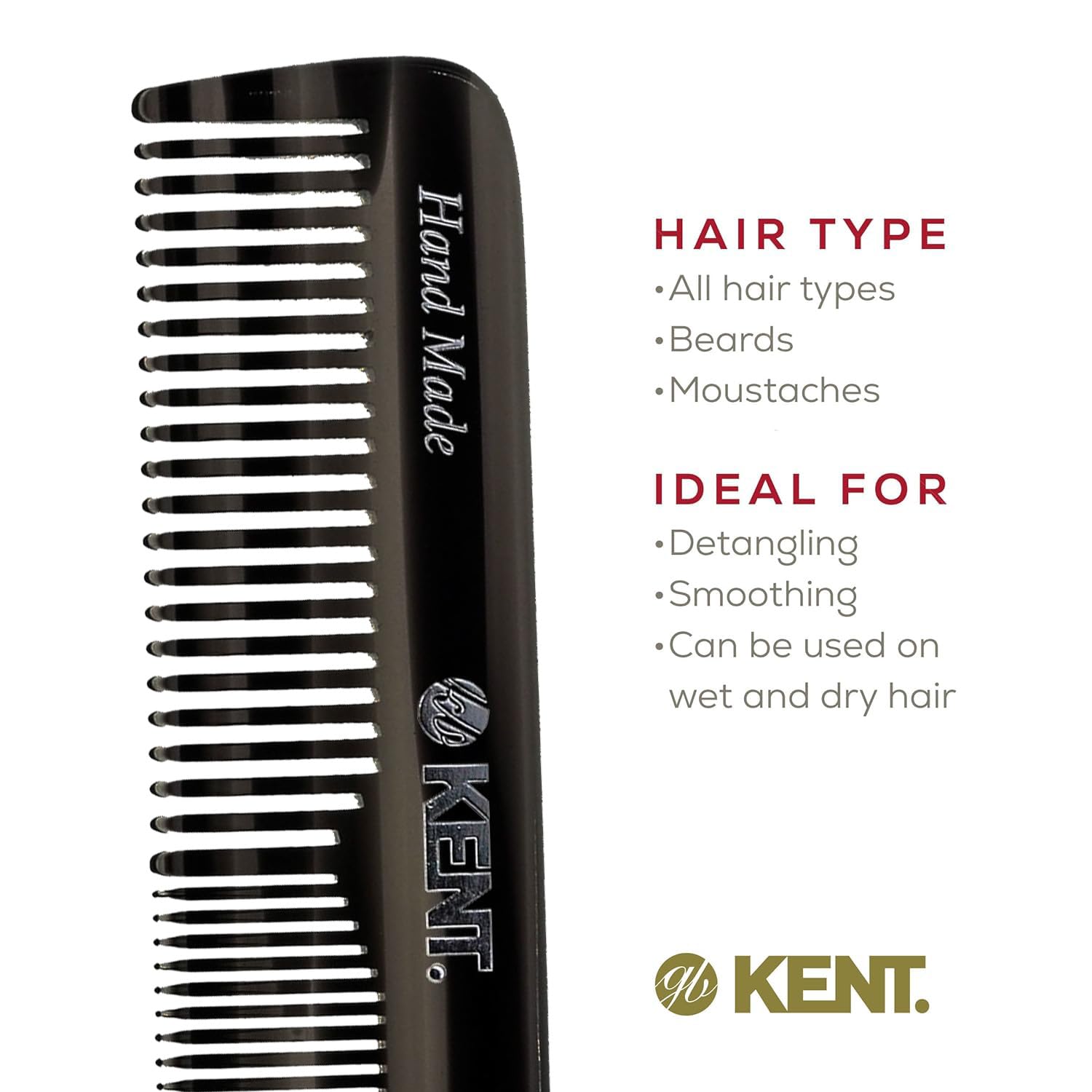 Kent OT Black Graphite pocket comb close-up of rounded teeth