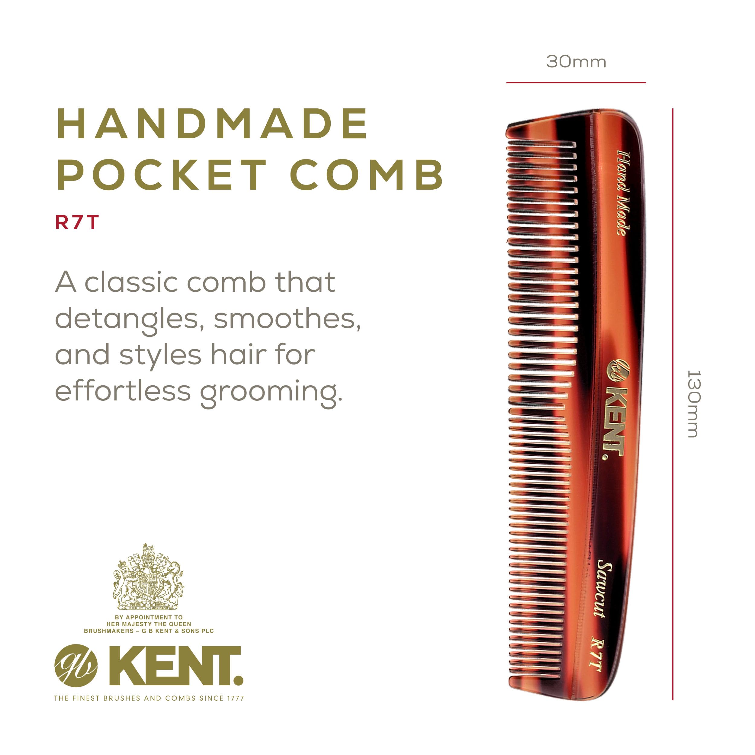 Kent R7T pocket comb teeth close-up shows smooth edges for snag-free grooming.