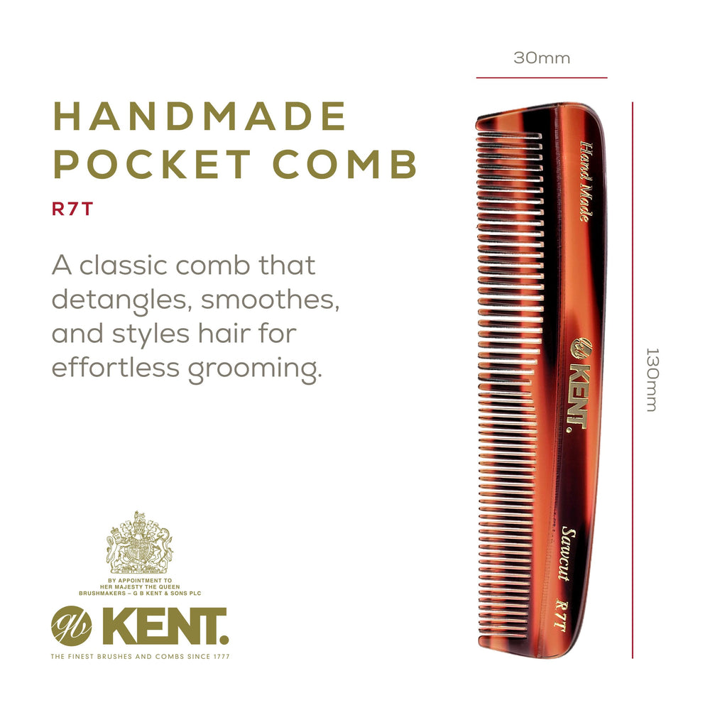 Kent R7T pocket comb teeth close-up shows smooth edges for snag-free grooming.