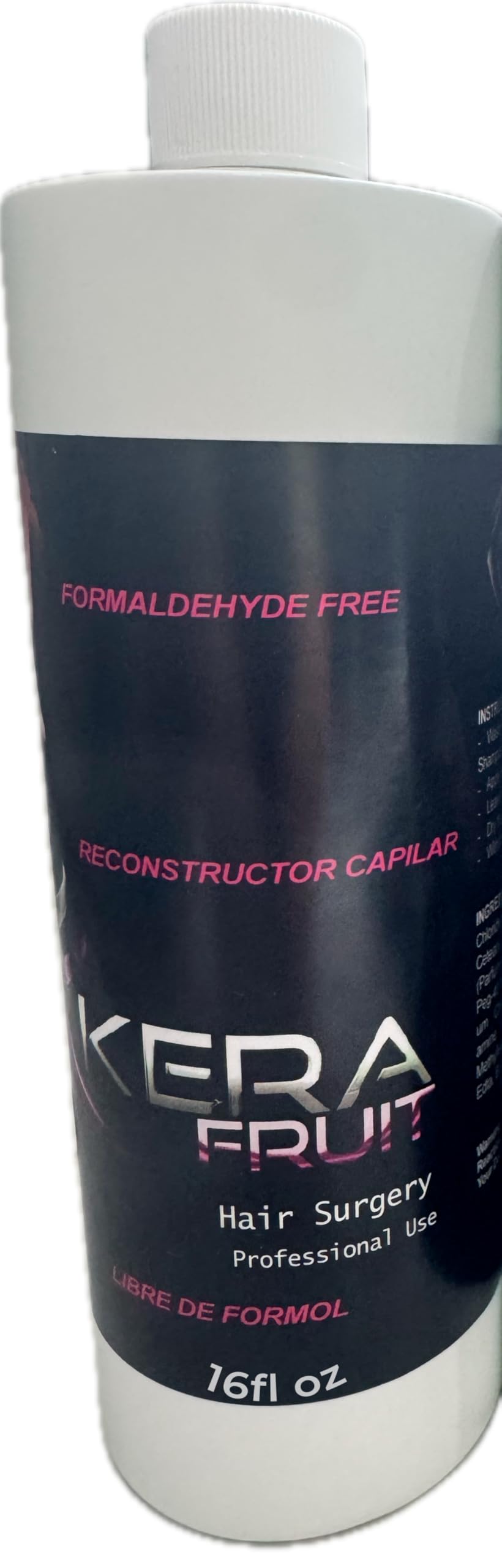 KERA FRUIT bottle pours formaldehyde-free keratin treatment for precise home application.