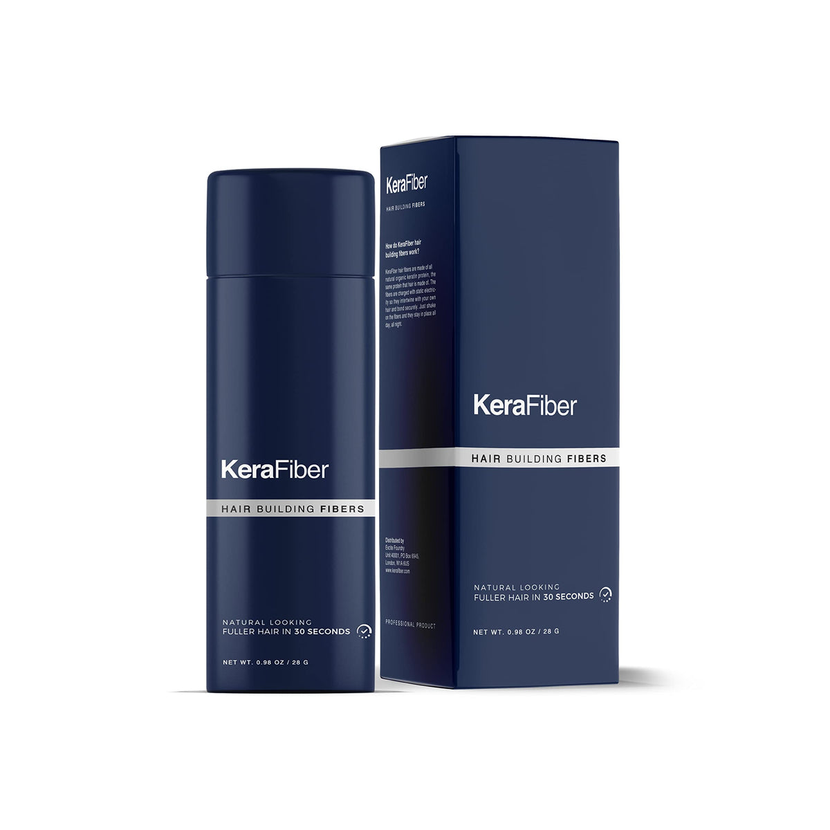 KeraFiber bottle close-up showing natural keratin fibers for fuller hair