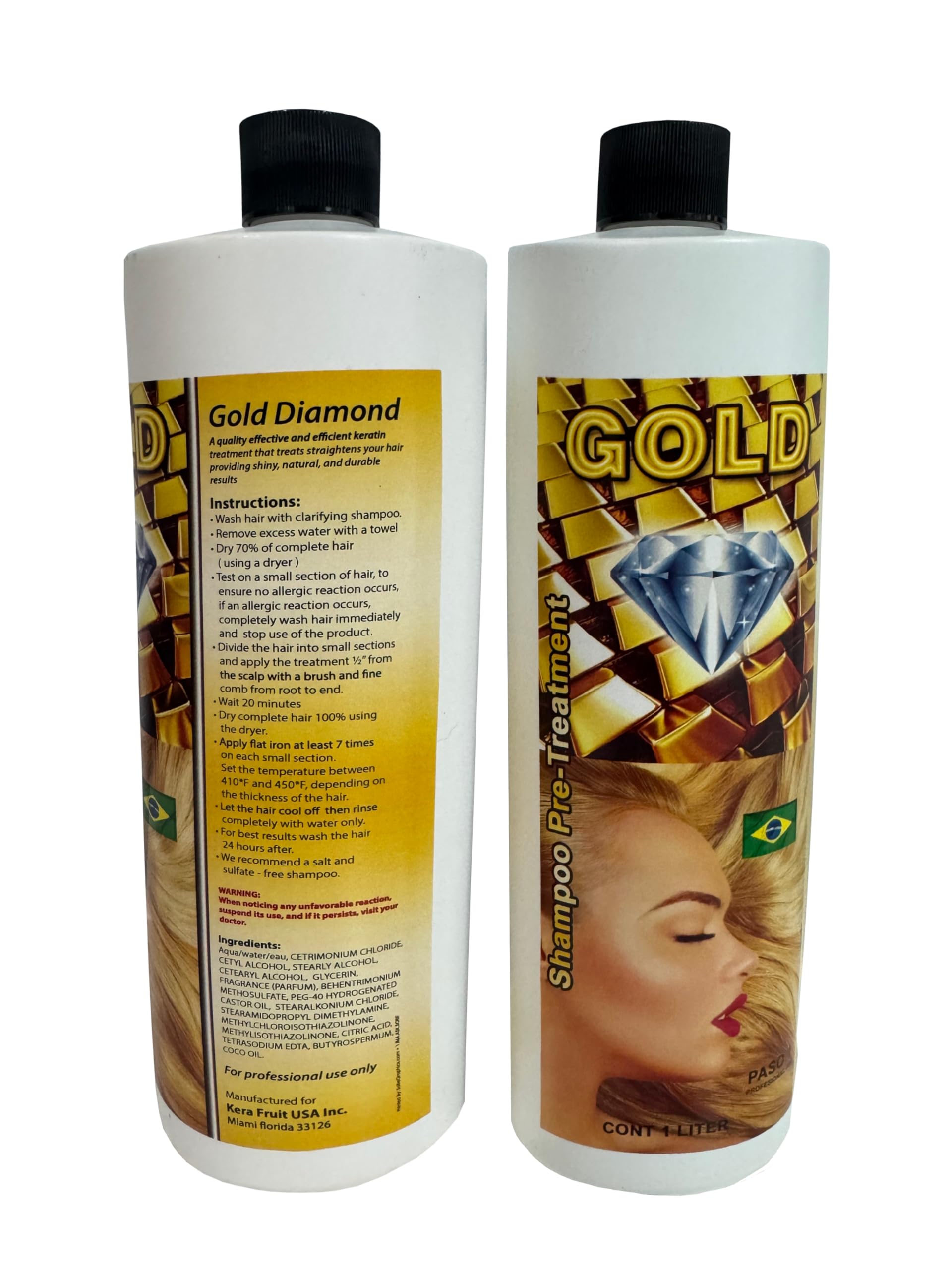 Kera Fruit Gold Diamond Shampoo 32oz bottle highlights cleansing and conditioning benefits.