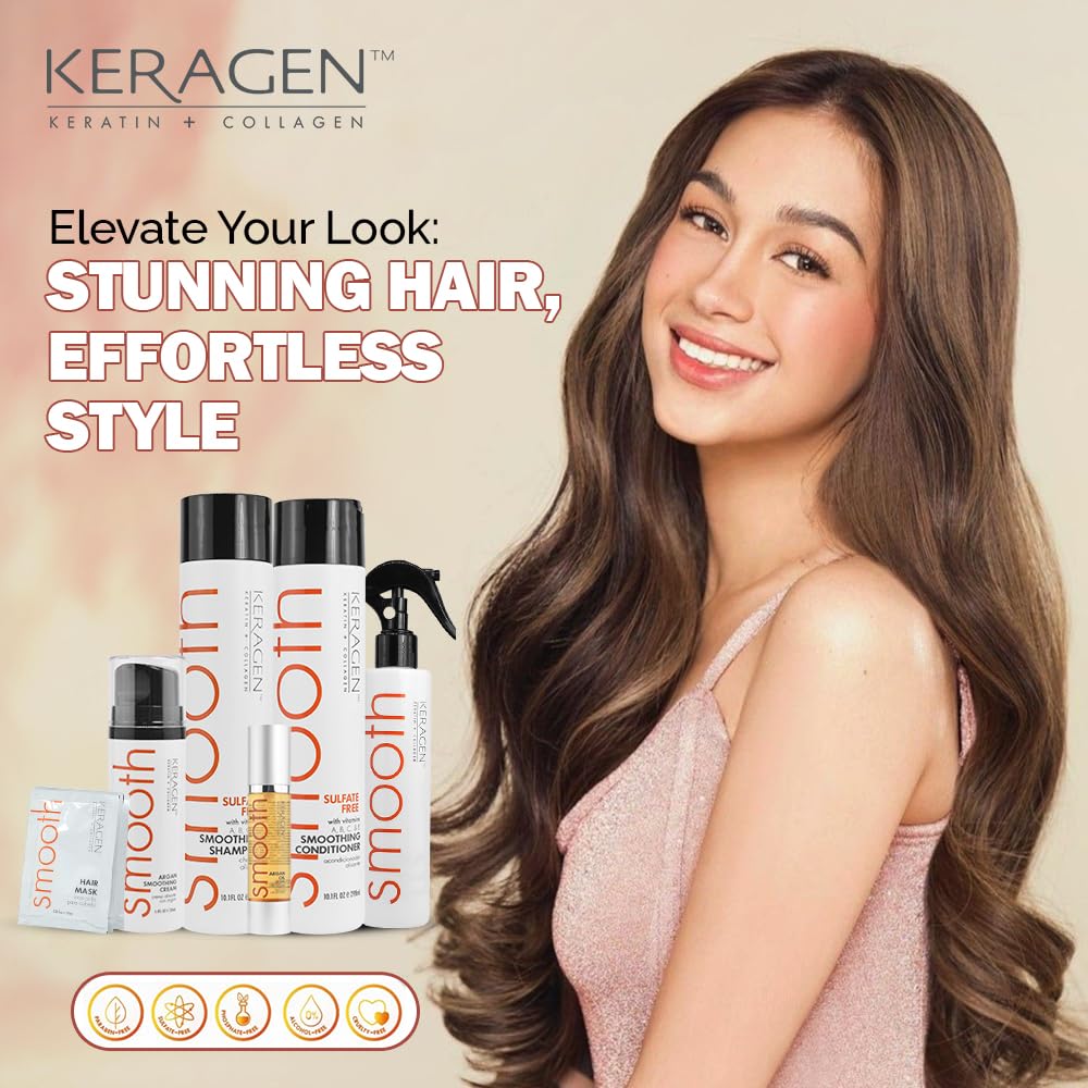 KERAGEN argan smoothing cream tube delivering lightweight hydration and smoothness.
