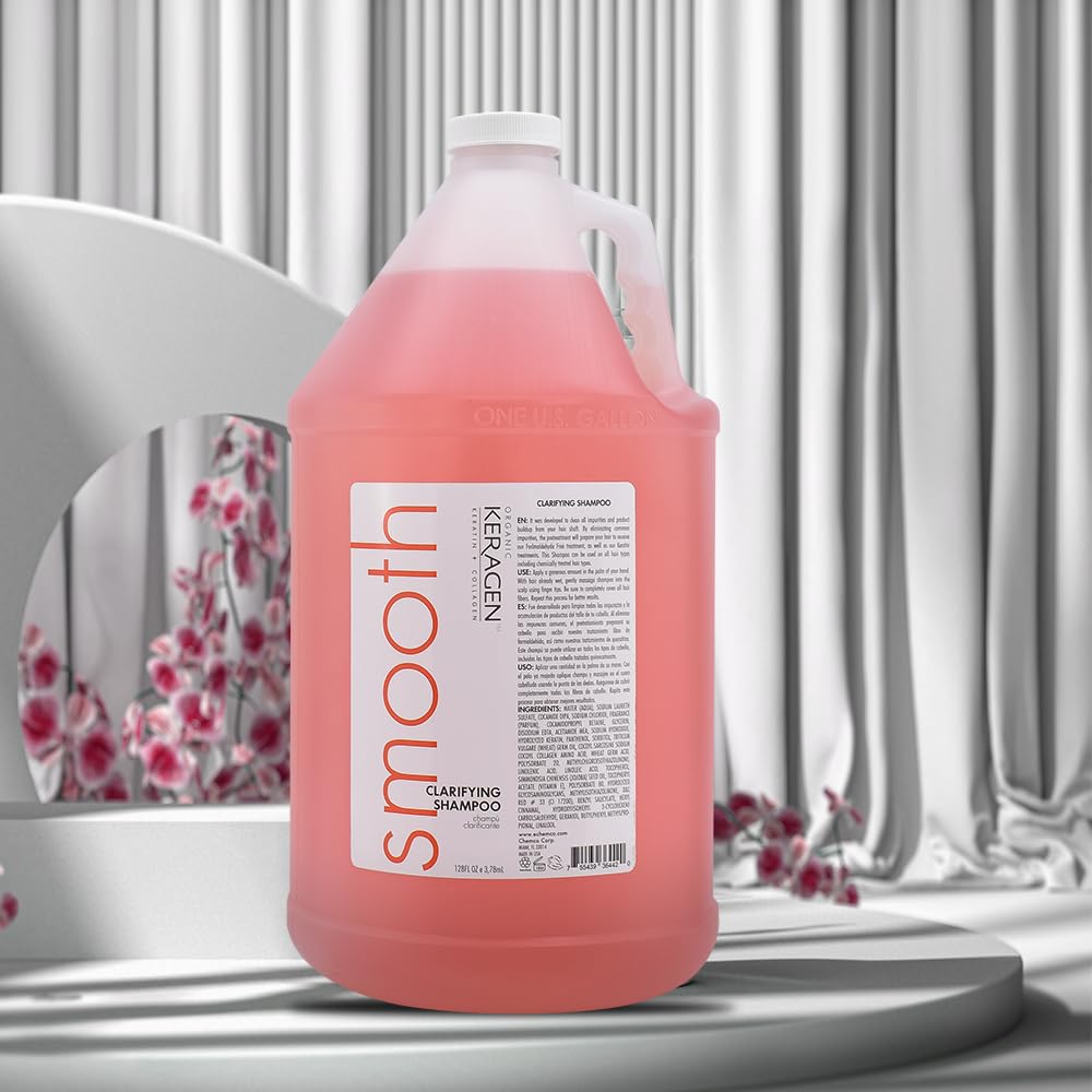 KERAGEN Clarifying Shampoo label close-up highlighting keratin and collagen blend for hair strength