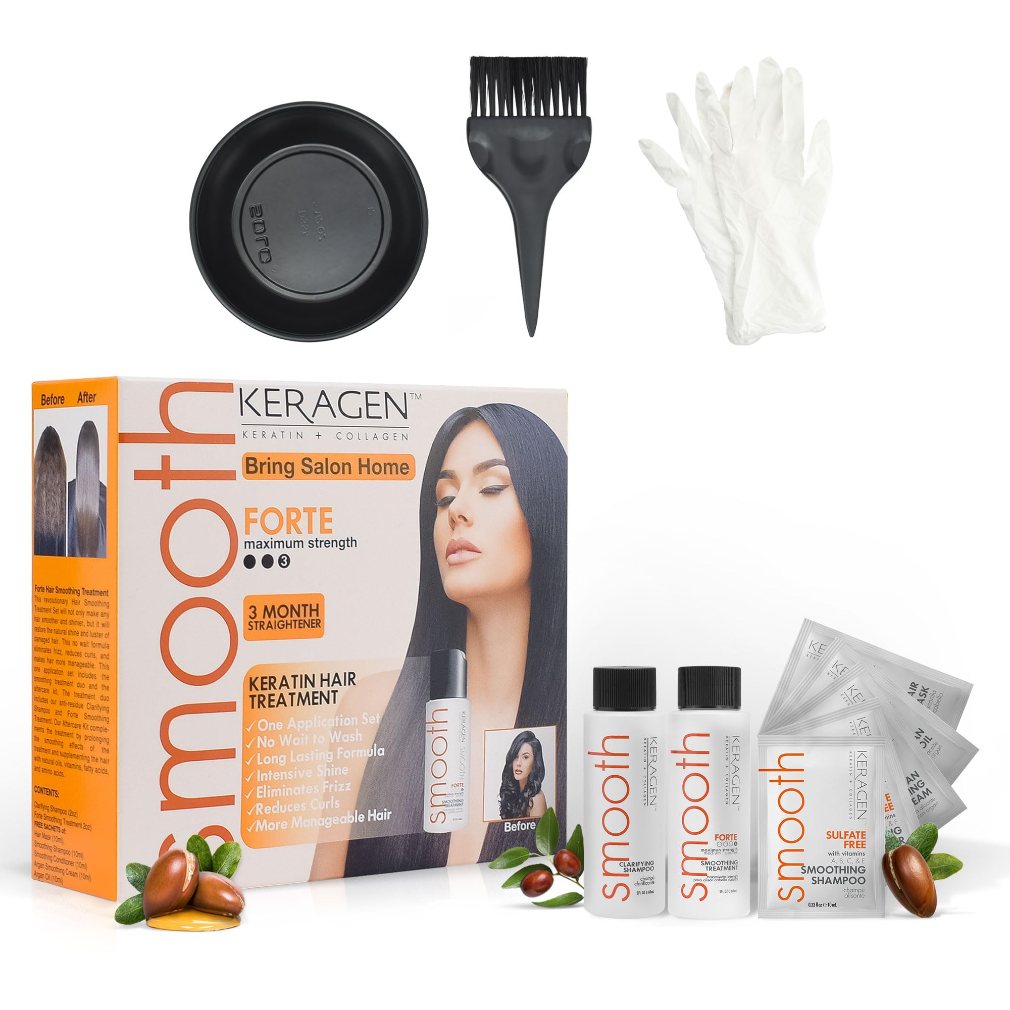 KERAGEN Express Home Kit bottle setup shows an at‑home smoothing system for frizz control