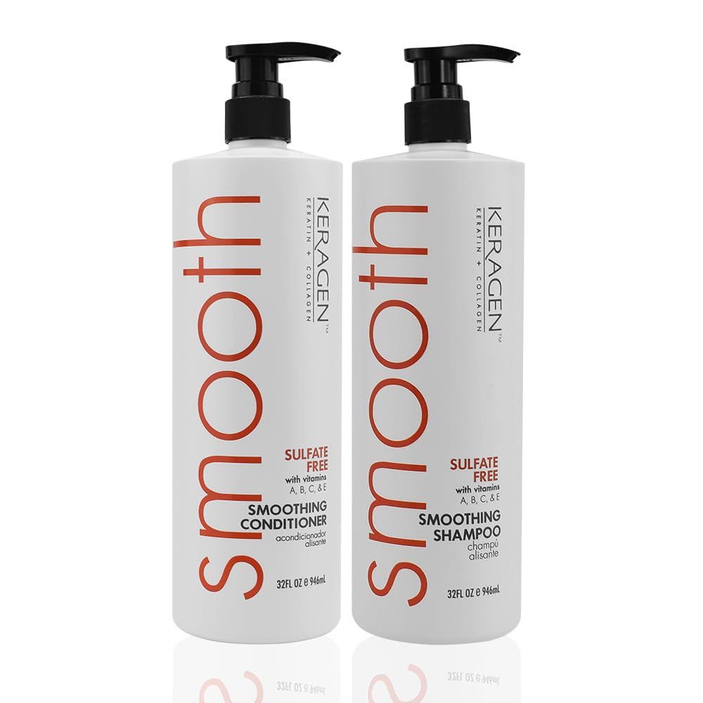 Keragen smoothing shampoo bottle pour for even distribution and shine.