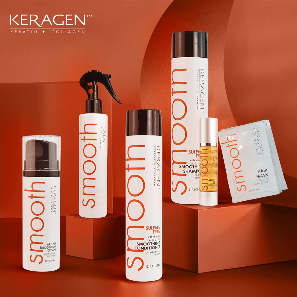 KERAGEN smoothing shampoo bottle close-up, cleansing while nourishing hair daily.