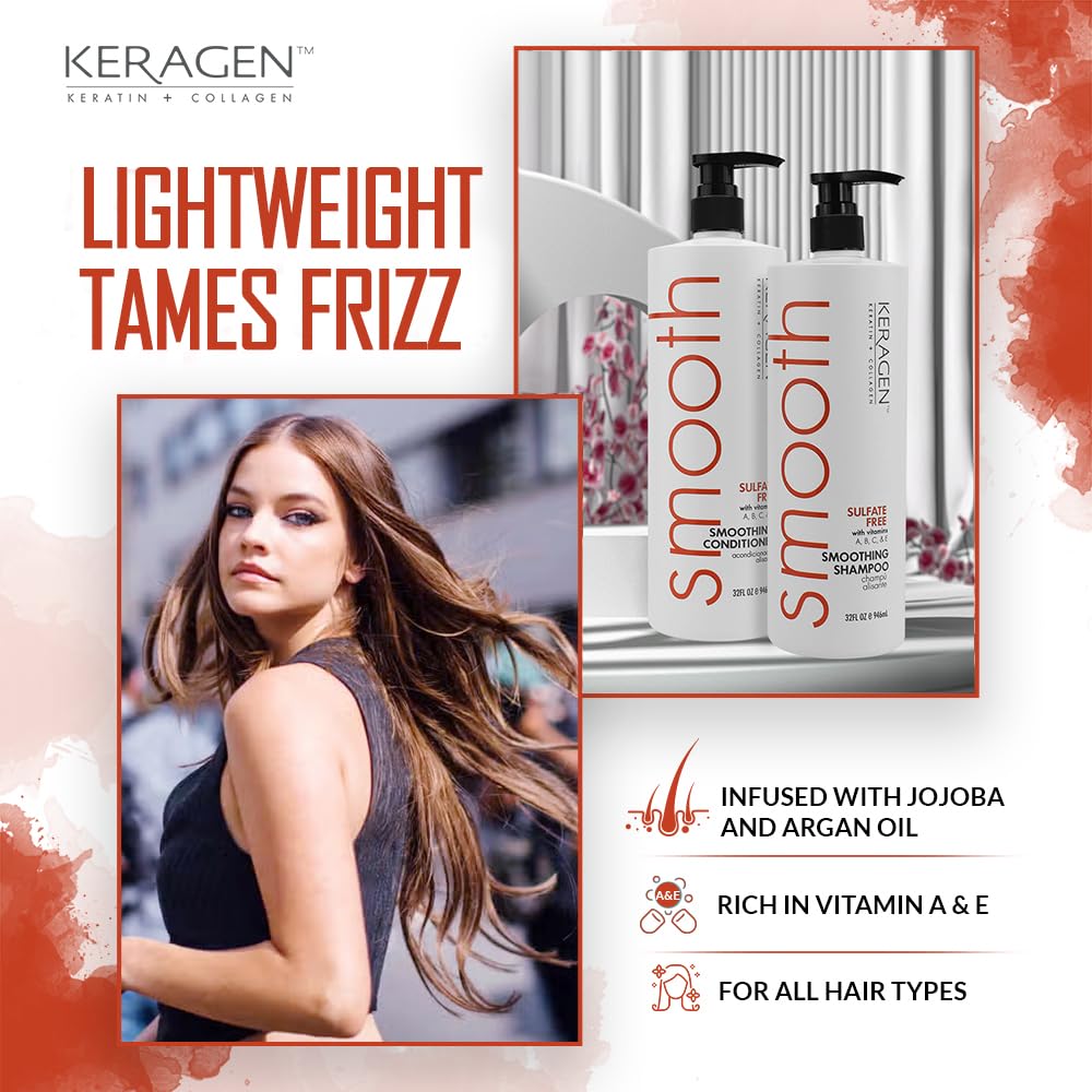 Keragen smoothing shampoo rich lather for even coverage and softness.