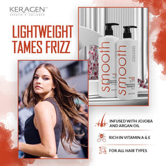 Keragen smoothing shampoo rich lather for even coverage and softness.