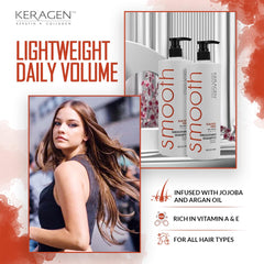 KERAGEN smoothing shampoo close-up showing keratin and collagen blend for strength.