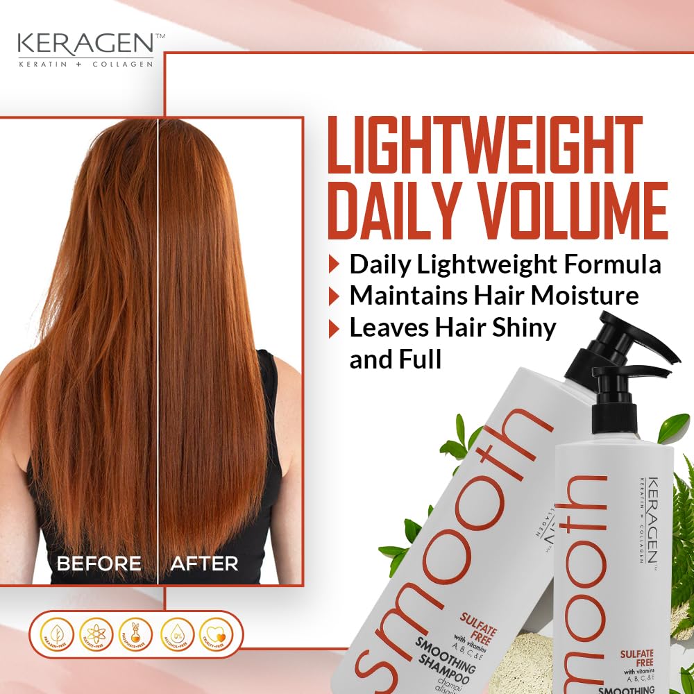 KERAGEN smoothing shampoo USA-made label emphasizes heritage and safety.