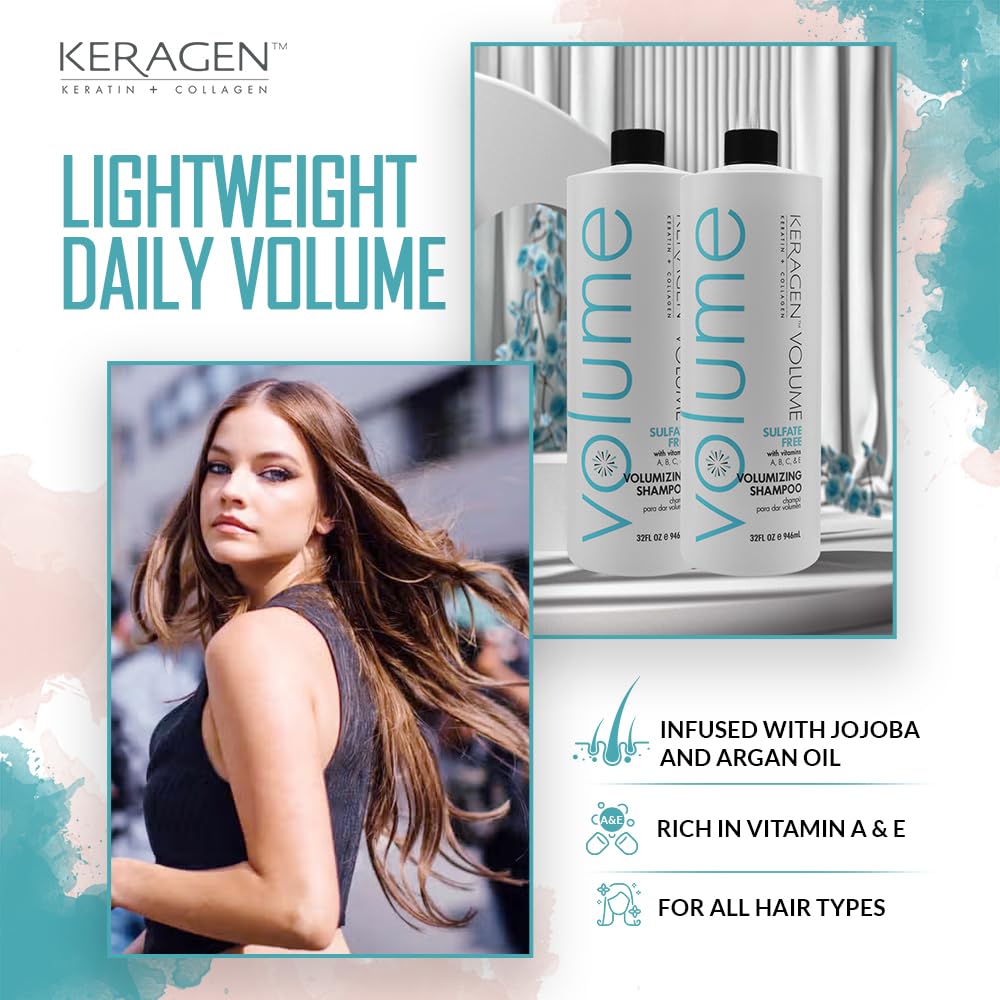 KERAGEN product panel highlights keratin and collagen ingredients for stronger strands.
