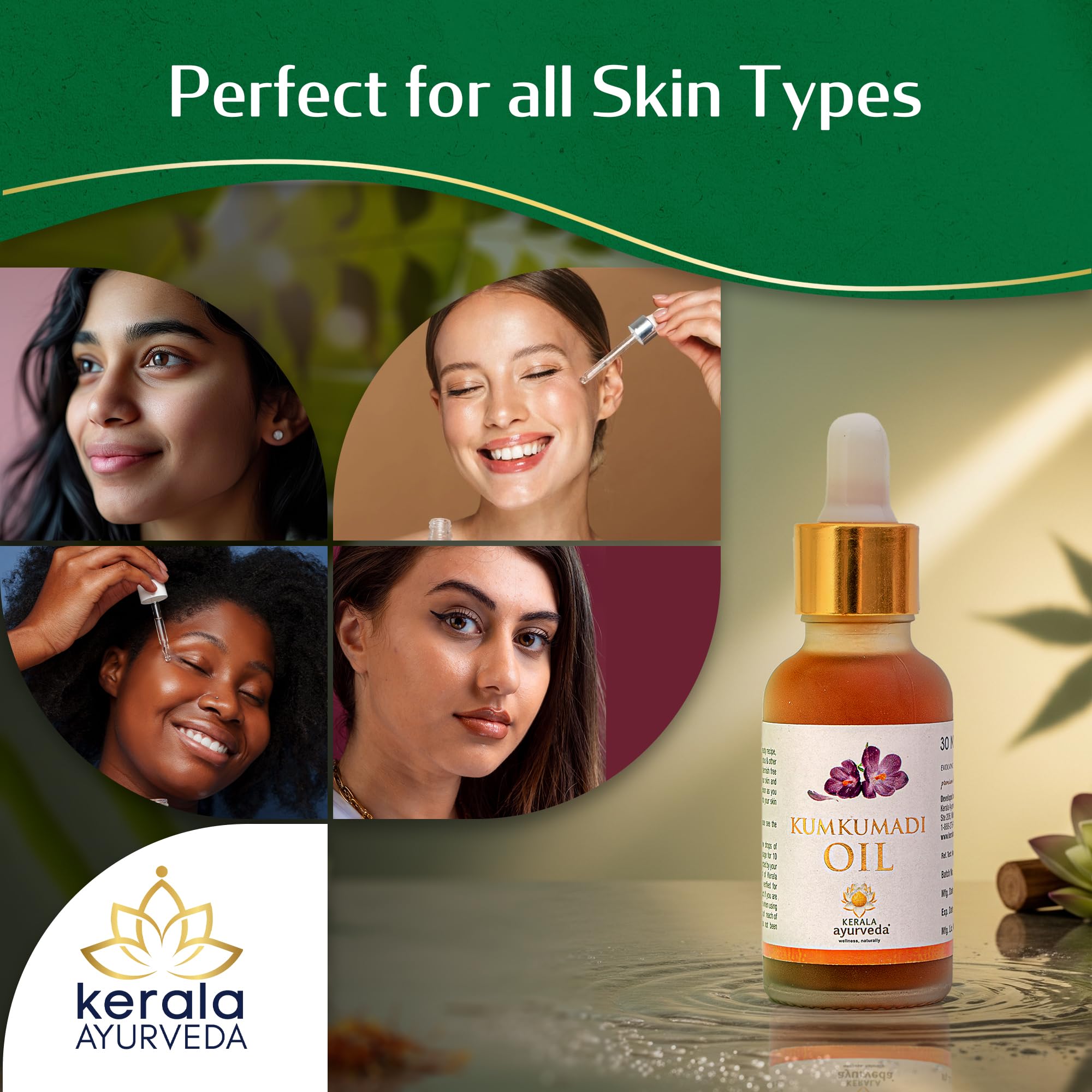 Saffron and lotus imagery beside the Kumkumadi Serum bottle