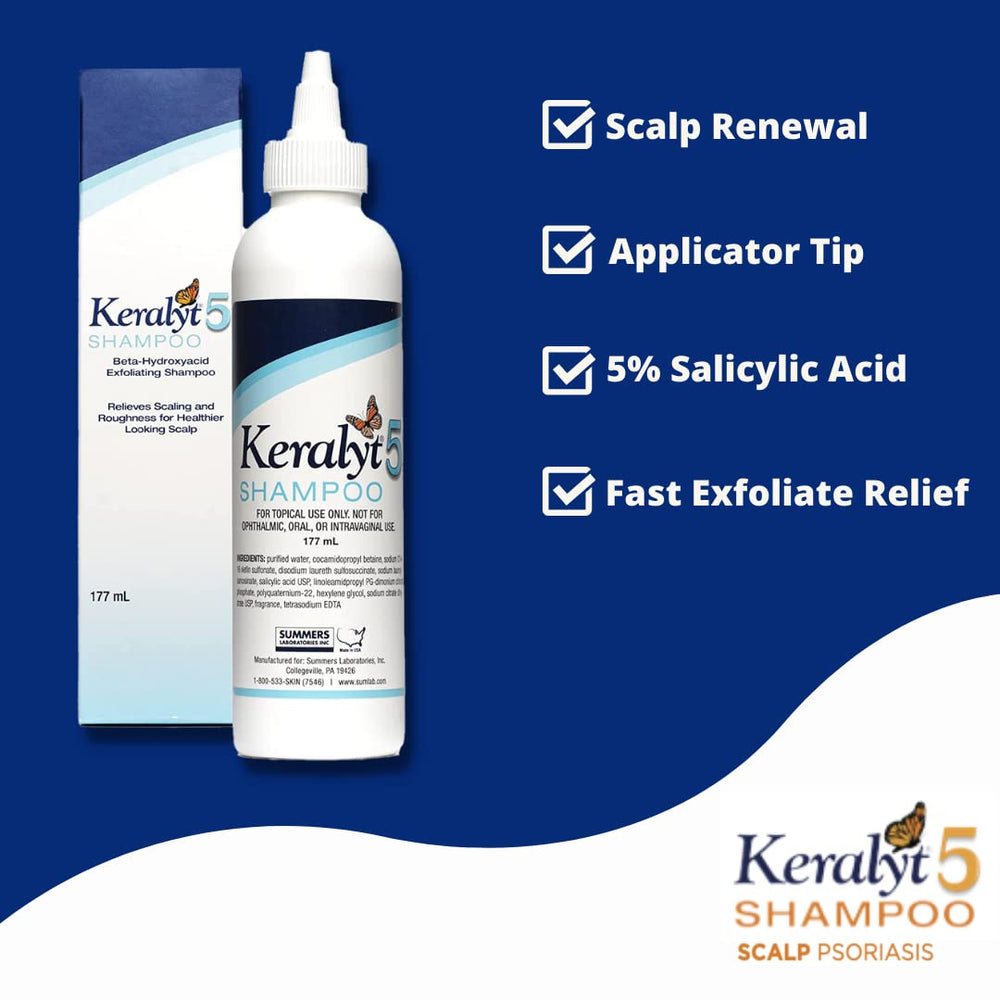 Keralyt 5 shampoo label highlighting salicylic acid for strong scalp exfoliation
