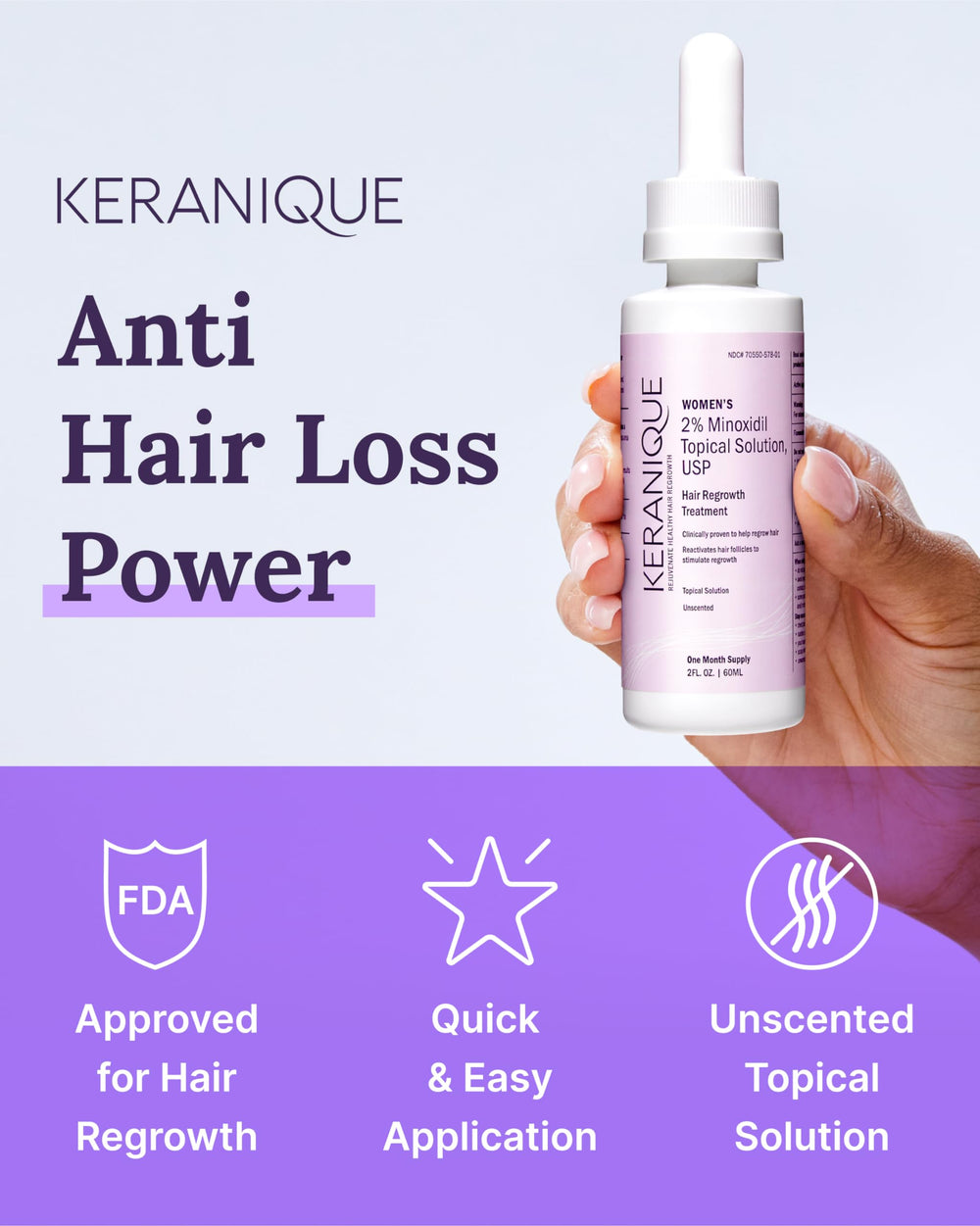Keranique 2% minoxidil applicator in hand ready for daily hair regrowth use.