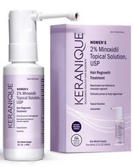 Keranique 2% Minoxidil spray bottle for targeted scalp application to support thinning.