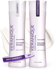 Keranique anti-dandruff shampoo bottle offering soothing relief for itchy, flaky scalp.