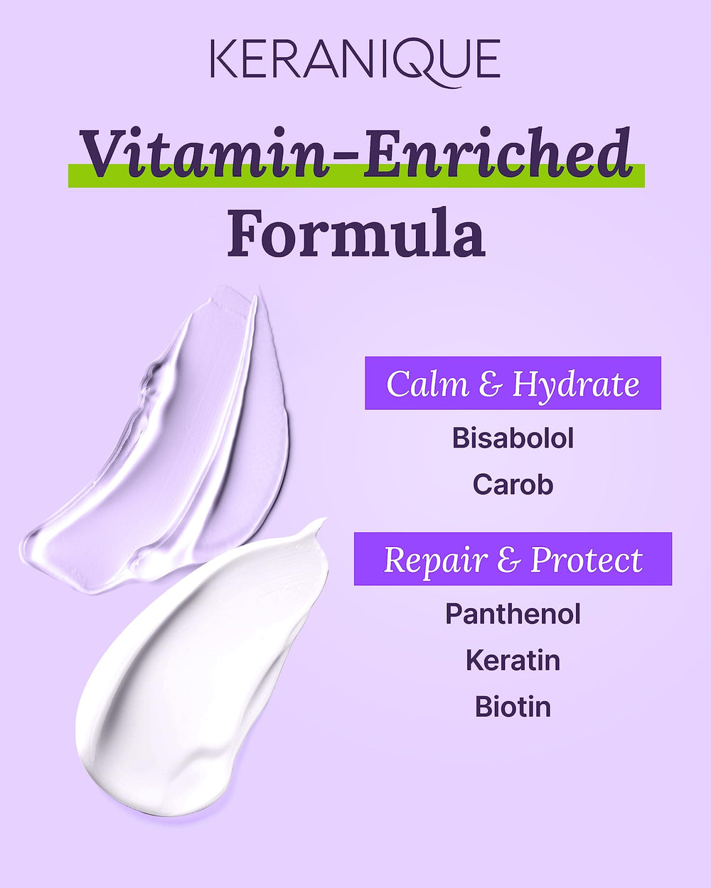 Keranique biotin and panthenol ingredients closeup on label.