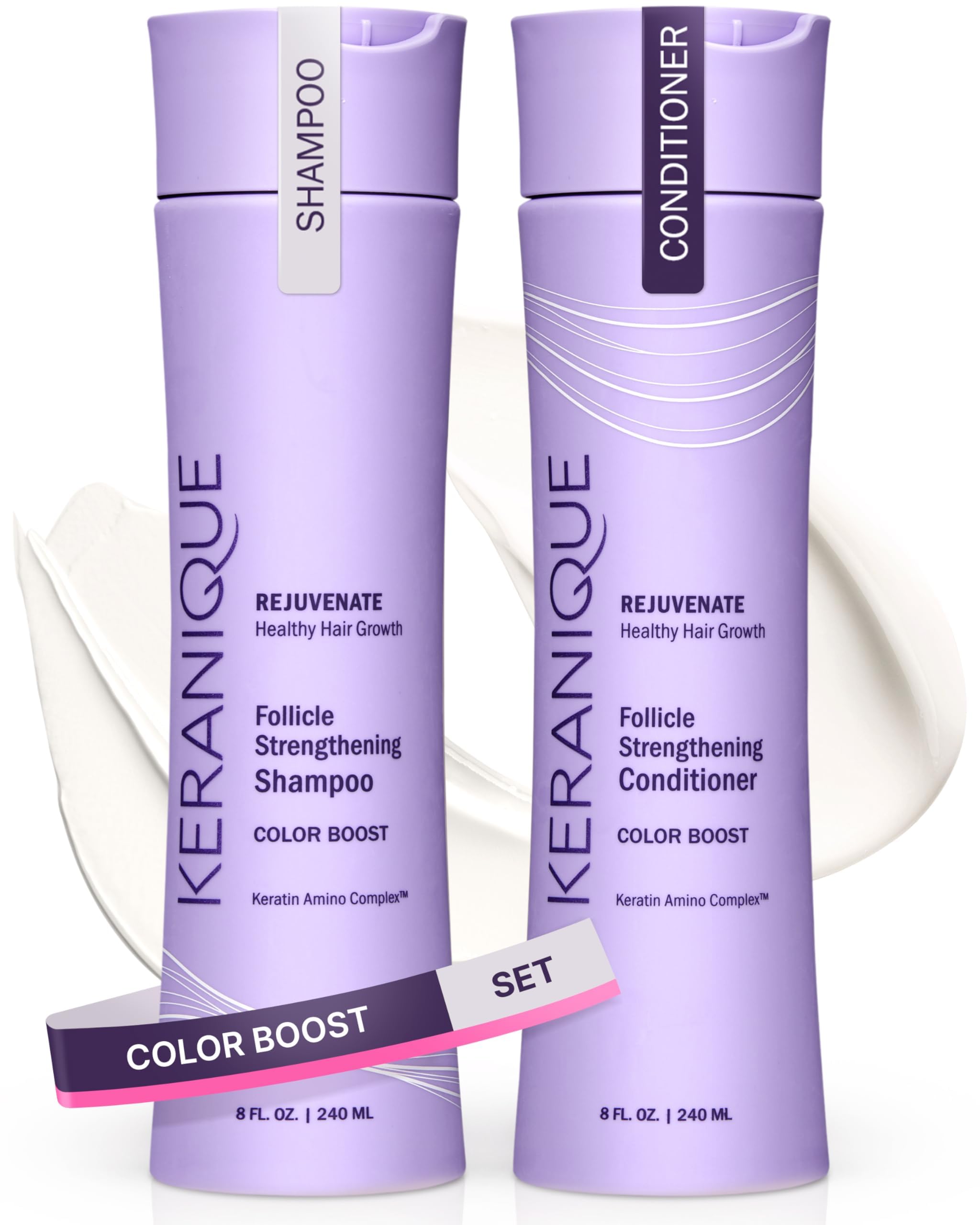 Keranique color-safe shampoo bottle preserves vibrancy for color-treated hair.