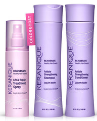 Keranique color-treated shampoo bottle showing color protection and shine.