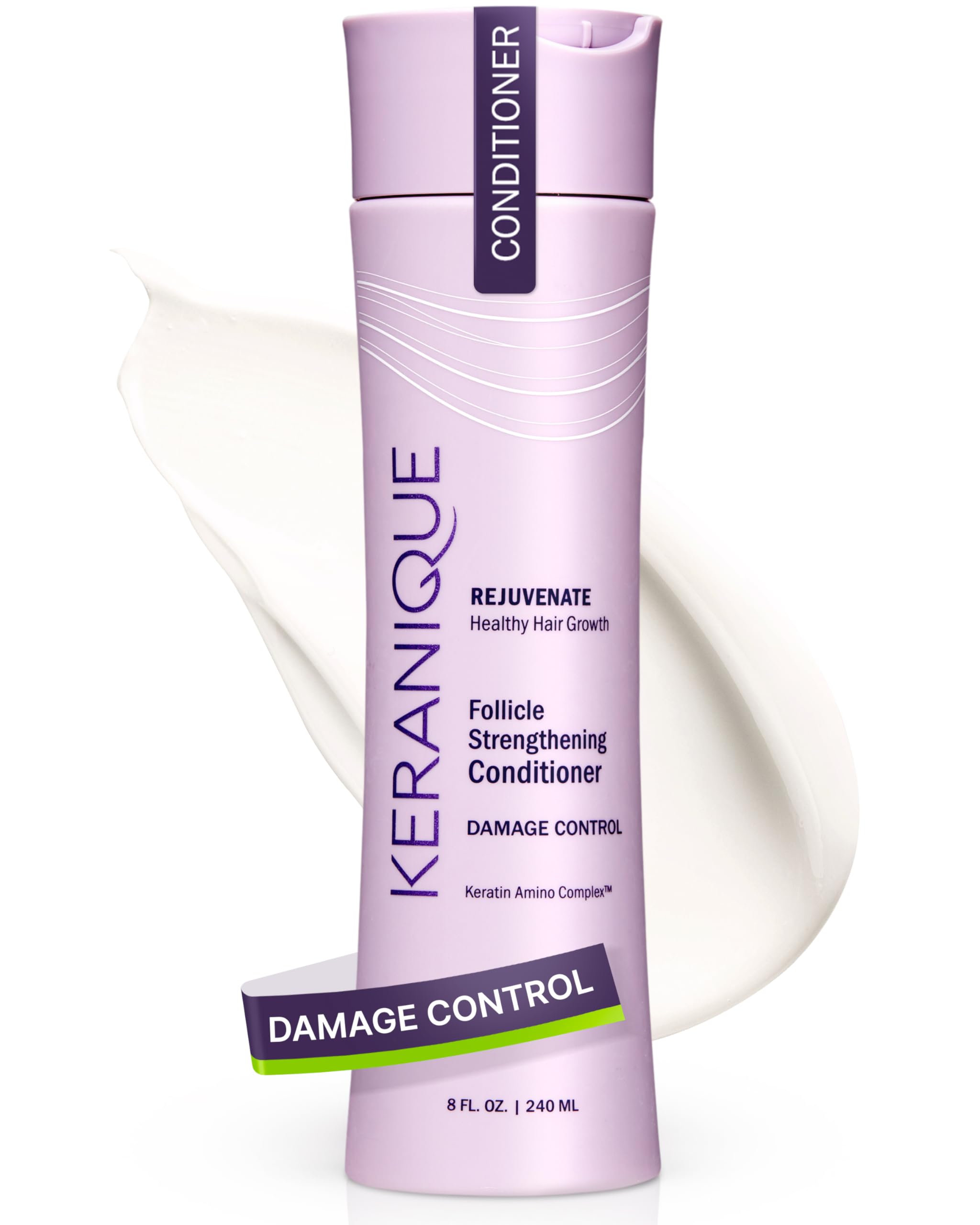 Keranique Damage Control Conditioner bottle highlighting keratin protection for dry hair.