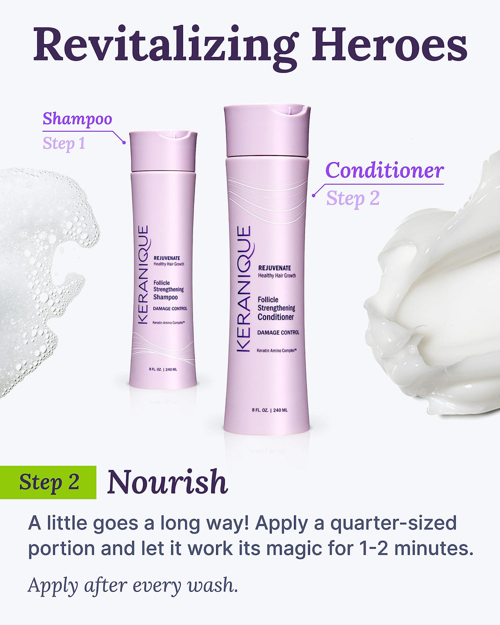 Long hair gaining manageability after Keranique Damage Control Conditioner.