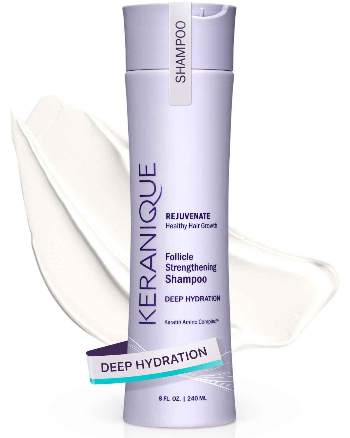 Keranique Deep Hydration Shampoo bottle showing nourishing scalp care benefits