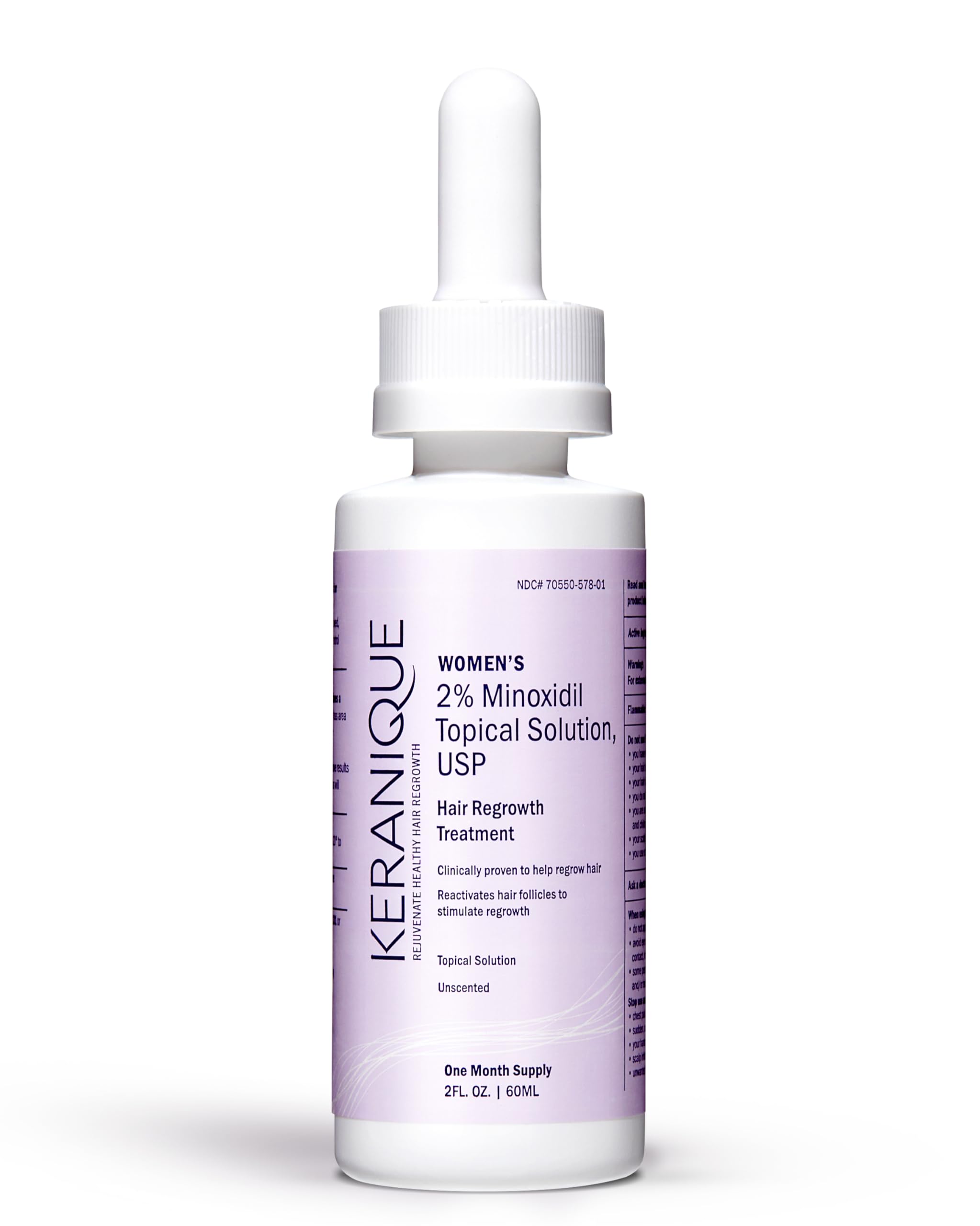 Keranique hair regrowth dropper bottle highlights the 2% minoxidil formula for regrowth.