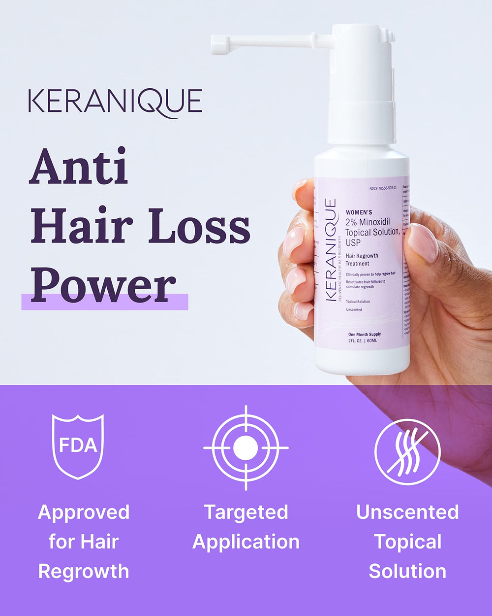 Keranique hair regrowth treatment bottle displayed for at-home regrowth routine.